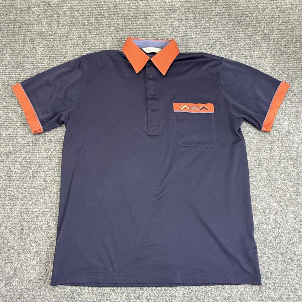 Vintage Gabicci Polo Shirt Mens Large Blue Solid Contrast Collar Pocket Knit